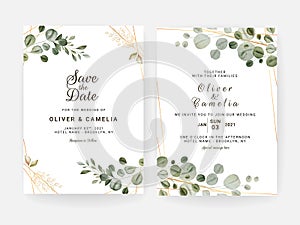 Floral wedding invitation template set with leaves and horizontal line decoration. Botanic card design concept