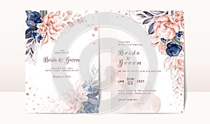 Floral wedding invitation template set with navy and peach watercolor roses and leaves decoration. Botanic card design concept