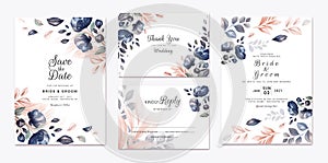 Floral wedding invitation template set with navy and peach watercolor roses and leaves decoration. Botanic card design concept