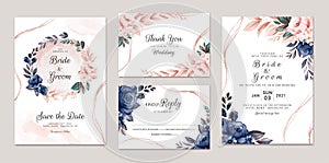 Floral wedding invitation template set with navy and peach watercolor roses and leaves decoration. Botanic card design concept photo