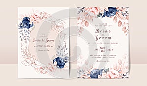 Floral wedding invitation template set with navy and peach watercolor roses and leaves decoration. Botanic card design concept