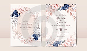 Floral wedding invitation template set with navy and peach watercolor roses and leaves decoration. Botanic card design concept photo