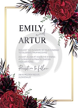 Floral wedding invite, invitation, greeting card editable vector design. Red garden rose flowers, burgundy dahlias, eucalyptus