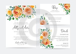Floral wedding invite, rsvp, details card. Peach, orange, yellow color rose flowers, greenery eucalyptus branches, leaves bouquet