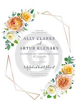 Floral wedding invite, save the date card. Bright peach orange, white yellow color garden rose flowers, jasmine, green eucalyptus