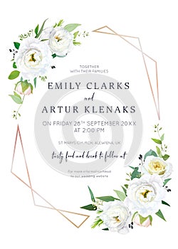 Floral wedding invite, save the date card. Ivory white lisanthus flowers, garden rose, jasmine, berries, seeded eucalyptus, green