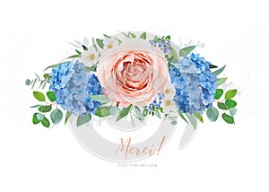 Floral wedding invite, thank you, save the date, Mother`s Day greeting card. Blue hydrangea flowers, peach garden rose, eucalyptu photo