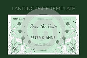 Floral wedding Landing page template in hand drawn doodle style, invitation card design with line flowers and leaves