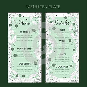 Floral wedding Menu template in hand drawn doodle style, invitation card design with line flowers and leaves, dots and