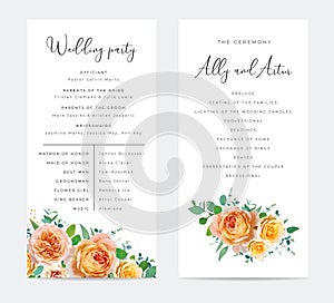 Floral wedding party, ceremony program card. Peach, orange, yellow color rose flowers, green eucalyptus branches, leaves bouquet