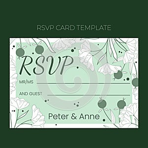 Floral wedding RSVP template in hand drawn doodle style, invitation card design with line flowers and leaves, dots