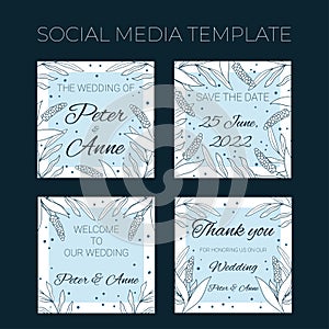 Floral wedding square social media template in hand drawn doodle style, invitation card design with line flowers and