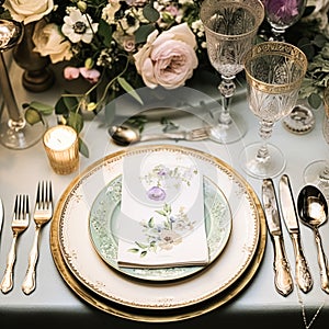 Floral wedding table decor, holiday tablescape and dinner table setting, formal event decoration for wedding reception