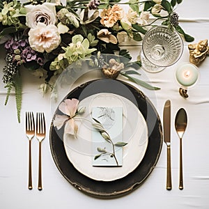 Floral wedding table decor, holiday tablescape and dinner table setting, formal event decoration for wedding reception, family