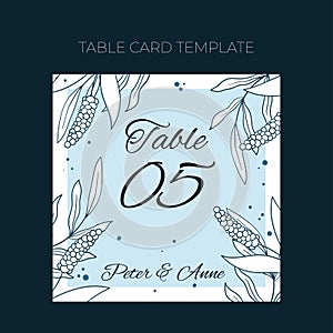 Floral wedding Table number template in hand drawn doodle style, invitation card design with line flowers and leaves