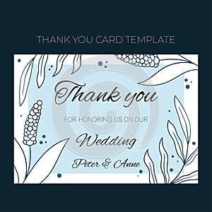 Floral wedding Thank you card template in hand drawn doodle style, invitation card design with line flowers and leaves