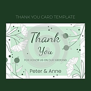 Floral wedding Thank you card template in hand drawn doodle style, invitation card design with line flowers and leaves