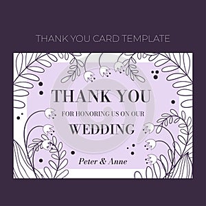Floral wedding Thank you card template in hand drawn doodle style, invitation card design with line flowers, leaves