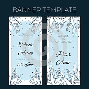 Floral wedding vertical banner template in hand drawn doodle style, invitation card design with line flowers and leaves