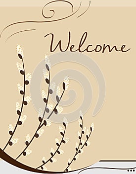 Floral Welcome card with willow branches and brown flower, spring vector