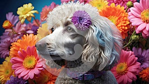 Floral Whimsy: Poodle\'s Playful Frolic Amongst Vibrant and Lively Garden Flowers