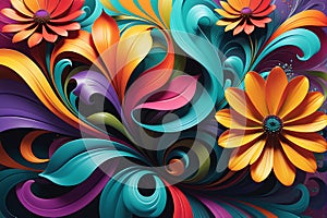 Floral Whirlwind: Abstract Background with Swirling Flower Motifs, Dynamic Blend of Vivid Colors, Interplay of Flowing Petals