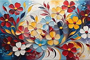 Floral Whirlwind: Abstract Painting with Swirls of Floral Elements Dominating the Canvas, Vibrant Juxtaposition of Reds, Blues,