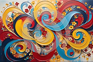 Floral Whirlwind: Abstract Painting with Swirls of Floral Elements Dominating the Canvas, Vibrant Juxtaposition of Reds, Blues,