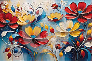 Floral Whirlwind: Abstract Painting with Swirls of Floral Elements Dominating the Canvas, Vibrant Juxtaposition of Reds, Blues,