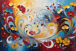 Floral Whirlwind: Abstract Painting with Swirls of Floral Elements Dominating the Canvas, Vibrant Juxtaposition of Reds, Blues,