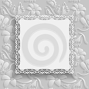 Floral white background and beautiful frame with an lace border on the edge on white backdrop for greeting card, can be used as photo