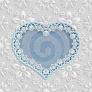 Floral white background and frame in the shape of a heart with an lace border on the edge for greeting card, can be used as a photo