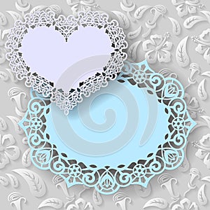 Floral white background and labels heart and oval with an lace border photo