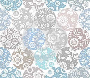 Floral white pattern, seamless, gray and blue cir cles, white background, flat, vector