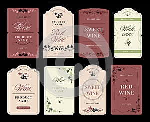 Floral wine bottle label. Winery sticker template with grapes vine, vertical vineyards frame for alcohol and elegant