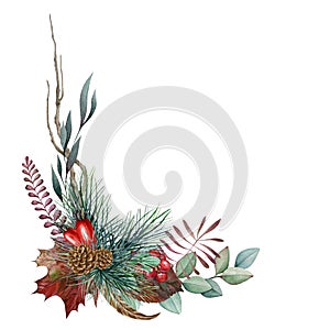 Floral winter arrangement watercolor illustration. Hand drawn natural Christmas decor with pine, cone, eucalyptus branch.