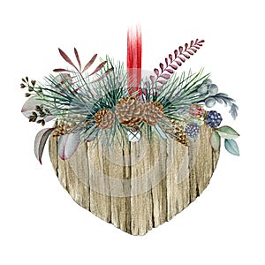 Floral winter arrangement watercolor illustration. Hand drawn rustic decor with wood heart, eucalyptus, pine, cone,  blackberry