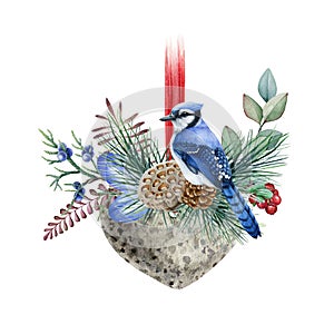 Floral winter decor with blue jay bird. Watercolor illustration. Hand drawn rustic decorative element. Heart element