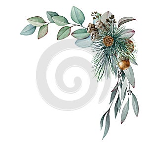 Floral winter natural arrangement watercolor illustration. Hand drawn rustic forest decor with pine, eucalyptus leaves and cone.