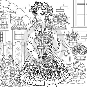 Floral woman coloring book page