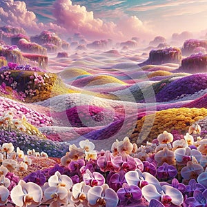 Floral Wonderland: AI-Crafted Panorama of Blossoming Hillsides photo