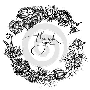 Floral Wreath of black and white black caraway, helichrysum, physalis photo