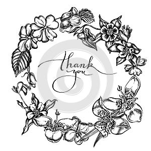 Floral Wreath of black and white impatiens, tigridia, aquilegia