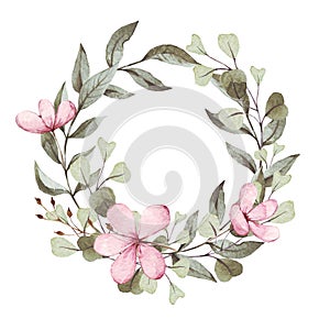 Floral wreath, botanical illustration. Flower, Eucalyptus branches, leaves design round frame. Rustic wedding greenery. Green tone