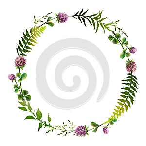 Floral wreath with clower and herbs. Hello summer.. Floral round frame.