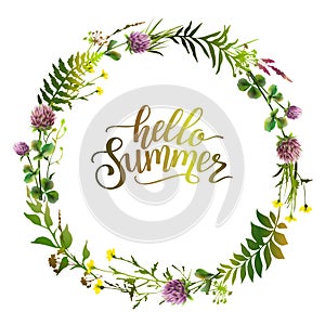 Floral wreath with clower and herbs. Hello summer.. Floral round frame.