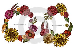 Floral Wreath of colored poppy flower, gerbera, sunflower, milkweed, dahlia, veronica