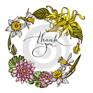 Floral Wreath of colored ylang-ylang, daffodil, lotus