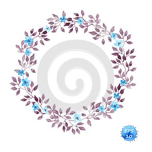 Floral wreath frame with cute flowers and leaves for interior design. Watercolor vector