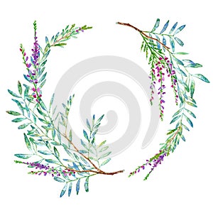 Floral wreath.Garland with pistachio branches and lavender flowers.